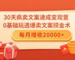 30天疯卖文案速成变现营，0基础玩透爆卖文案捞金术！每月增收20000+-一起网赚吧