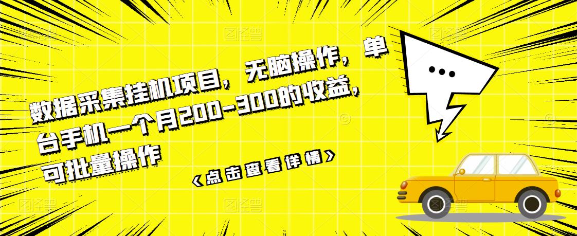 数据采集挂机项目，无脑操作，单台手机一个月200-300的收益，可批量操作-一起网赚吧