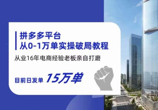 拼多多从0-1万单实操破局教程，从业16年电商经验打磨，目前日发单15万单-一起网赚吧
