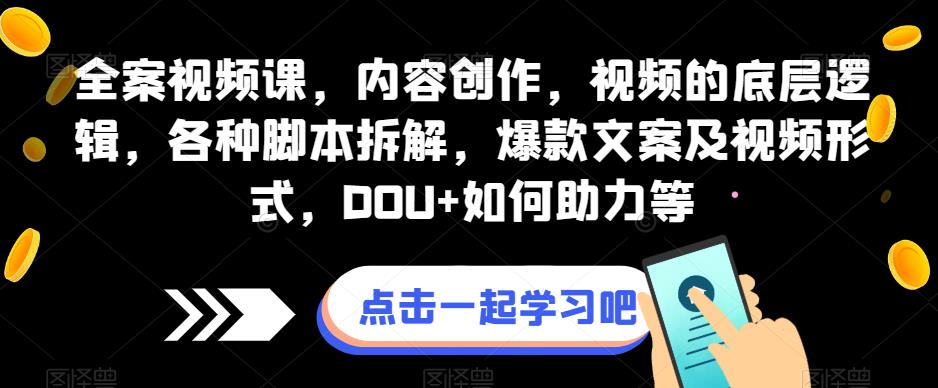 全案视频课，内容创作，视频的底层逻辑，各种脚本拆解，爆款文案及视频形式，DOU+如何助力等-一起网赚吧