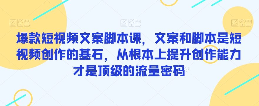 爆款短视频文案脚本课，文案和脚本是短视频创作的基石，从根本上提升创作能力才是顶级的流量密码-一起网赚吧