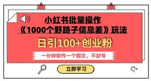 小红书批量操作《1000个野路子信息差》玩法，一分钟制作一个图文，不封号，日引100+创业粉-一起网赚吧