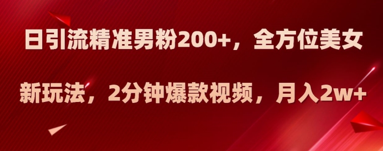 日引流精准男粉200+，全方位美女新玩法，2分钟爆款视频，月入2w+【揭秘】-一起网赚吧