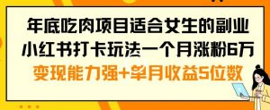 年底吃肉项目适合女生的副业小红书打卡玩法一个月涨粉6万+变现能力强+单月收益5位数【揭秘】-一起网赚吧