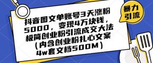 抖音图文单账号3天涨粉5000，变现4万块钱，极简创业粉引流成交大法-一起网赚吧