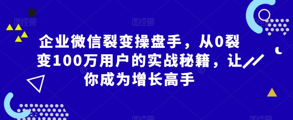 企业微信裂变操盘手，从0裂变100万用户的实战秘籍，让你成为增长高手-一起网赚吧