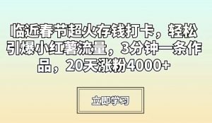 临近春节超火存钱打卡，轻松引爆小红薯流量，3分钟一条作品，20天涨粉4000+【揭秘】-一起网赚吧