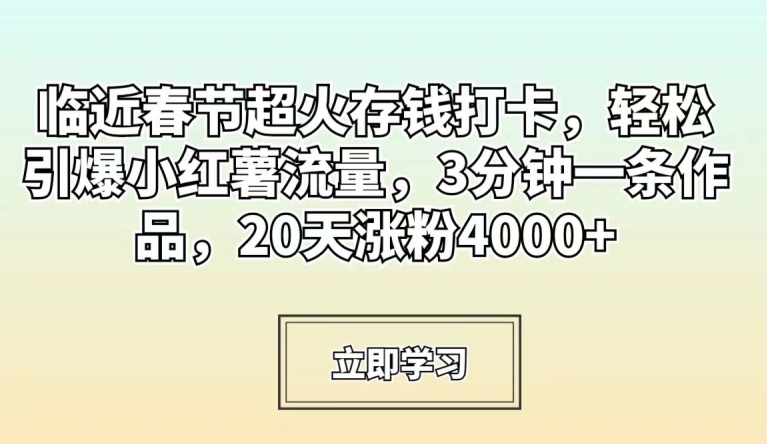 临近春节超火存钱打卡，轻松引爆小红薯流量，3分钟一条作品，20天涨粉4000+【揭秘】-一起网赚吧
