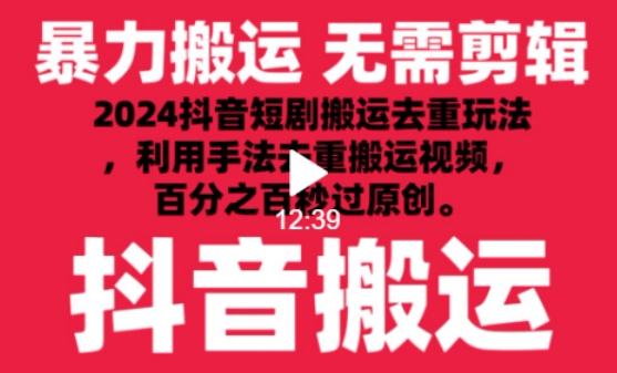 2024最新抖音搬运技术，抖音短剧视频去重，手法搬运，利用工具去重，达到秒过原创的效果【揭秘】-一起网赚吧