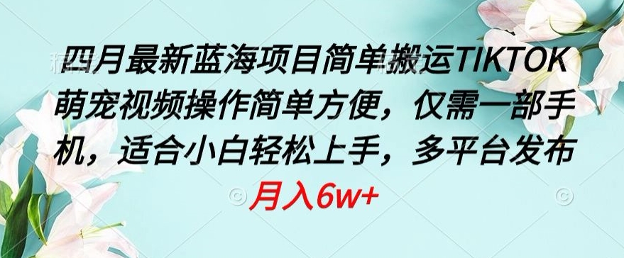 四月最新蓝海项目，简单搬运TIKTOK萌宠视频，操作简单方便，仅需一部手机【揭秘】-一起网赚吧