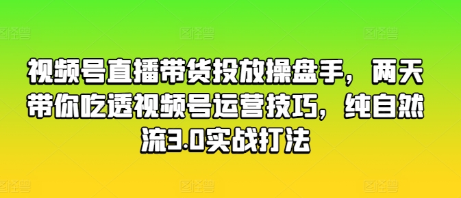 视频号直播带货投放操盘手，两天带你吃透视频号运营技巧，纯自然流3.0实战打法-一起网赚吧