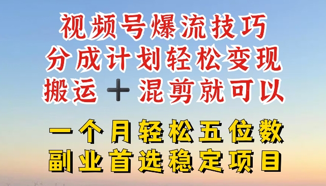 视频号爆流技巧，分成计划轻松变现，搬运 +混剪就可以，一个月轻松五位数稳定项目【揭秘】-一起网赚吧