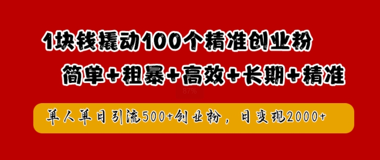 1块钱撬动100个精准创业粉，简单粗暴高效长期精准，单人单日引流500+创业粉，日变现2k【揭秘】-一起网赚吧