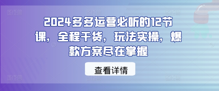 2024多多运营必听的12节课，全程干货，玩法实操，爆款方案尽在掌握-一起网赚吧