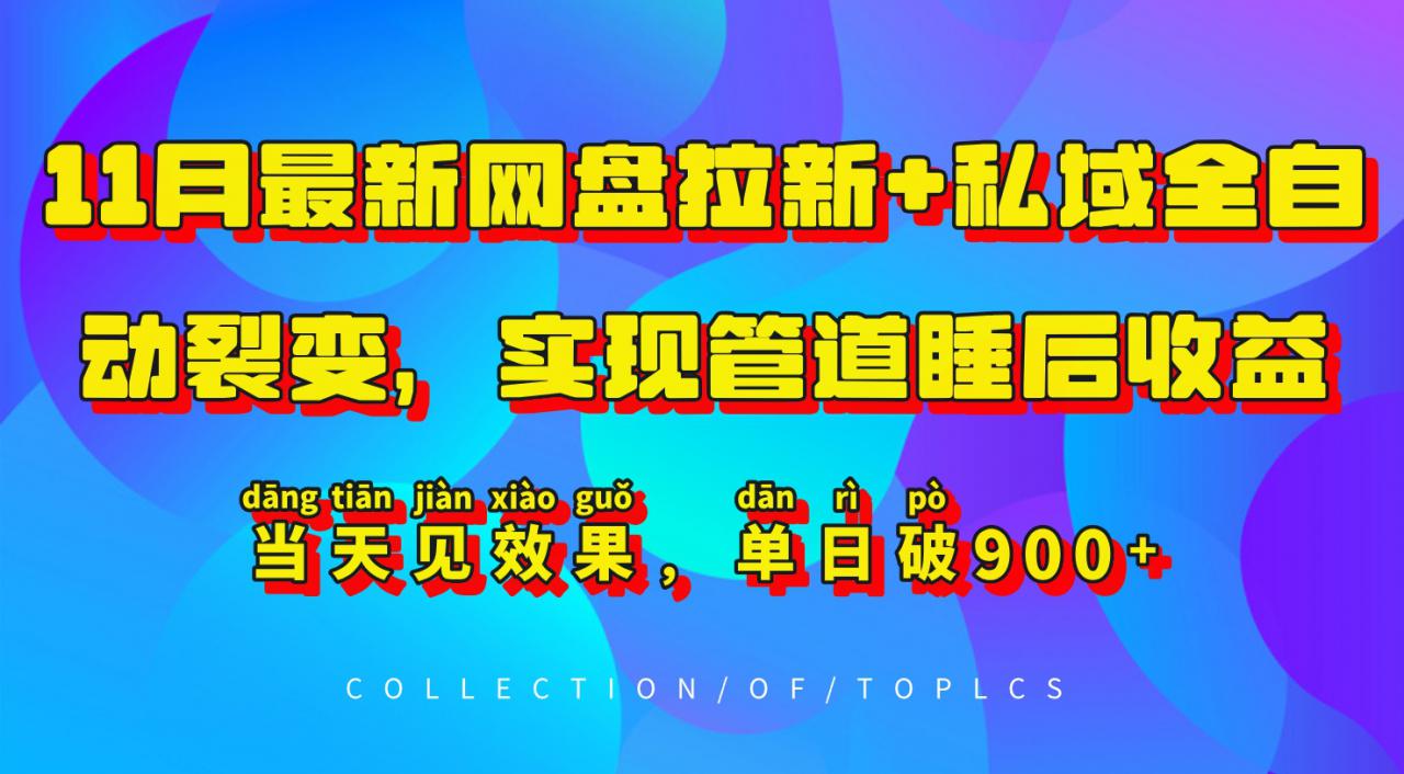 11月最新网盘拉新+私域全自动裂变，实现管道睡后收益，当天见效果，单日破900+-一起网赚吧