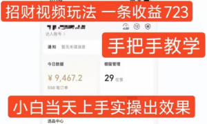 招财视频玩法，一条视频收益723，手把手教学，小白当天可上手-一起网赚吧