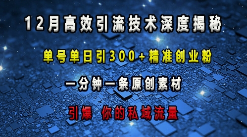 最新高效引流技术深度揭秘 ，单号单日引300+精准创业粉，一分钟一条原创素材，引爆你的私域流量-一起网赚吧