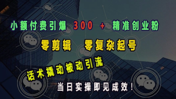 小额付费引爆 300 + 精准创业粉，零剪辑、零复杂起号，话术撬动被动引流，当日实操即见成效-一起网赚吧