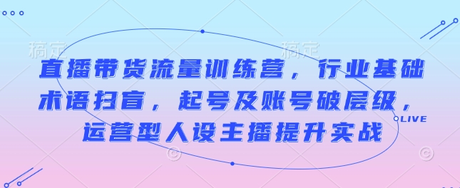 直播带货流量训练营，行业基础术语扫盲，起号及账号破层级，运营型人设主播提升实战-一起网赚吧