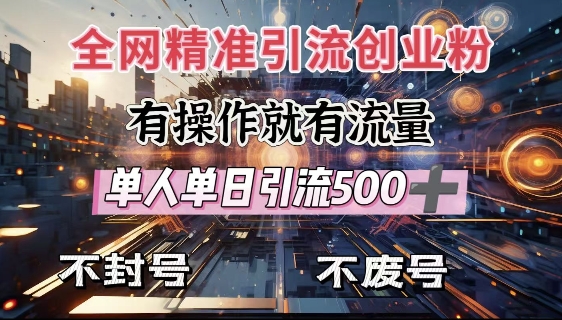 全网独家引流创业粉，有操作就有流量，单人单日引流500+，不封号、不费号-一起网赚吧