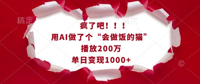 疯了吧！用AI做了个“会做饭的猫”，播放200万，单日变现1k-一起网赚吧