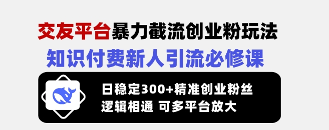 交友平台暴力截流创业粉玩法，知识付费新人引流必修课，日稳定300+精准创业粉丝，逻辑相通可多平台放大-一起网赚吧