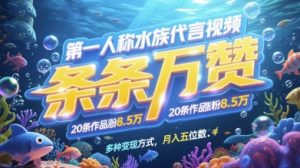 第一人称水族代言视频，条条万赞，20条作品涨粉7.8W，多种变现方式月入五位数-一起网赚吧