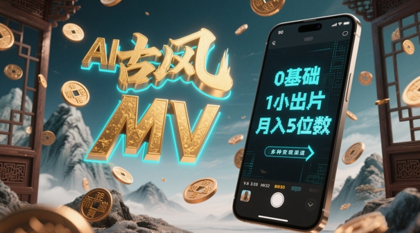 AI一键生成古风音乐MV，0剪辑基础1小时出片，多种变现渠道，一部手机月入5位数-一起网赚吧