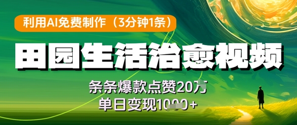 利用AI免费制作田园生活治愈视频，条条爆款点赞20W，单日变现几张-一起网赚吧