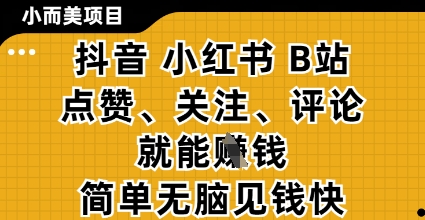 小而美的项目，抖音小红书B站视频点赞、关注、评论就能挣钱，简单无脑立见收益，妥妥的零撸项目【揭秘】-一起网赚吧