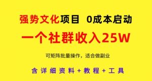 强势文化项目，一个社群收入25个W，0成本启动，可矩阵批量操作，原创详细实操教程-一起网赚吧