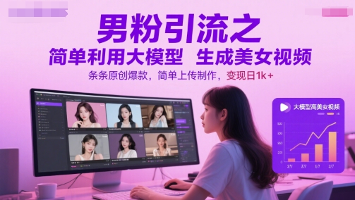 男粉引流之简单利用大模型生成美女视频，条条原创爆款，简单上传制作，变现日1k+-一起网赚吧