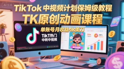TikTok中视频计划保姆级教程，TK原创动画课程，单账号月收益4k美刀-一起网赚吧