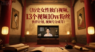 历史女性独白视频，13个视频10w粉丝，伙伴计划，视频号分成等-一起网赚吧