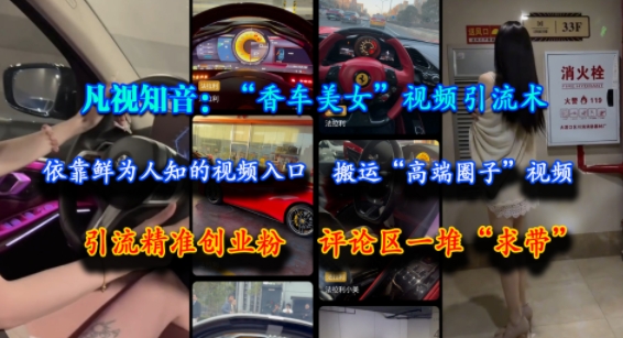 凡视知音：“香车美女”视频引流术，依靠鲜为人知的视频入口，搬运“高端圈子”视频，引流精准创业粉，评论区一堆“求带”-一起网赚吧