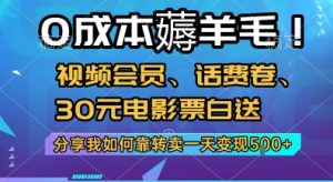 0成本薅羊毛!视频会员、话费卷、30元电影票白送，分享我如何靠转卖一天变现5张+【揭秘】-一起网赚吧