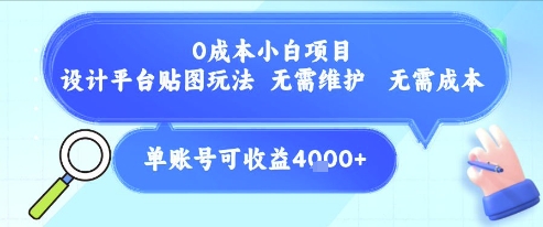 0成本小白项目，设计平台贴图玩法，无需维护，无需成本，单账号单月可产生收益4k+-一起网赚吧