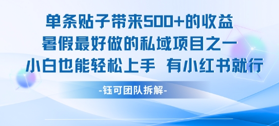 单条贴子带来5张的收益，暑假最好做的私域项目之一，小白也能轻松上手，有小红书就行-一起网赚吧
