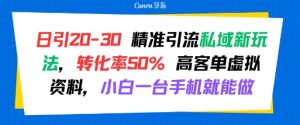 日引 20-30 精准引流私域新玩法，转化率50% 高客单虚拟资料，小白一台手机就能做-一起网赚吧