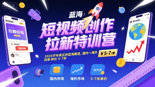 短视频创作拉新特训营，2025开年真正的蓝海赛道，国内+海外，拉新单价5-7米-一起网赚吧