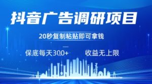 抖音广告调研项目，只需复制粘贴广告即可挣钱，任务不限量，一天稳定3张-一起网赚吧