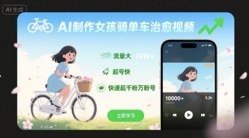 AI制作女孩骑单车治愈视频，流量大，起号快，快速起千粉万粉号-一起网赚吧