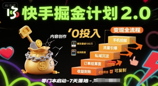 快手掘金计划2.0，快手电商变现全流程，简单可复制，0投入-一起网赚吧