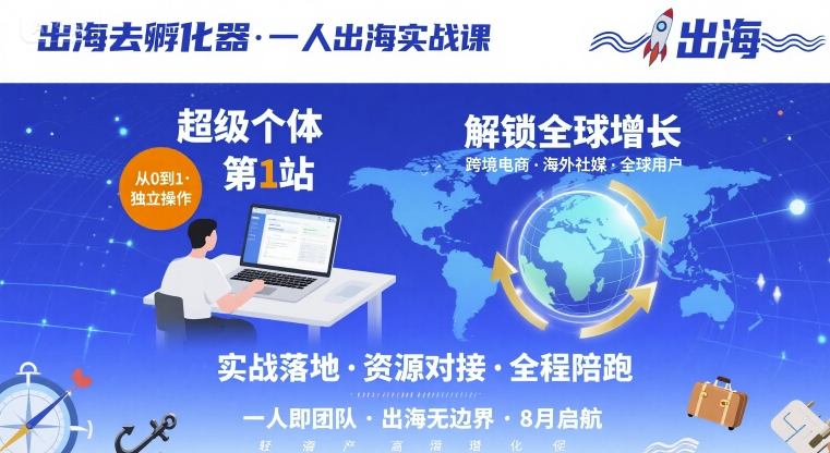 出海去孵化器，一人出海实战课，​超级个体第1站，解锁全球增长-一起网赚吧