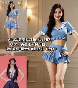 AI海军装美女跳舞视频制作教学，快速涨千粉万粉，视频教程+提示词(绘图词、动作词)-一起网赚吧