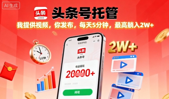 【头条号托管】我提供视频，你发布，每天5分钟，最高躺入2W+【揭秘】-一起网赚吧
