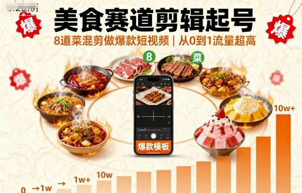 美食赛道剪辑起号，8道菜混剪做爆款短视频，从0到1，流量超高-一起网赚吧