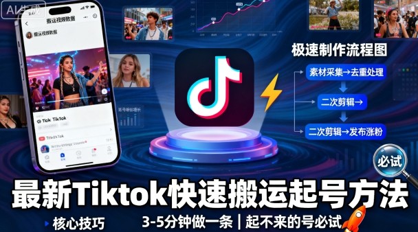 最新Tiktok快速搬运快速起号方法，3-5分钟做一条，起不来的号可以试试-一起网赚吧