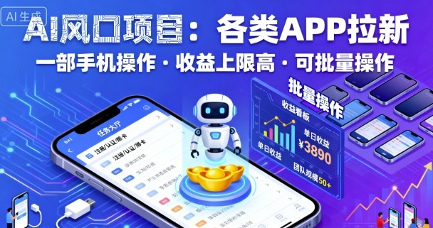 AI风口项目，各类APP拉新，一部手机就可以操作，收益上限高，可批量操作-一起网赚吧