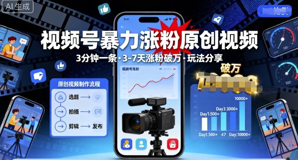视频号暴力涨粉原创视频，3分钟一条原创视频，3-7天涨粉破万，玩法分享给你-一起网赚吧